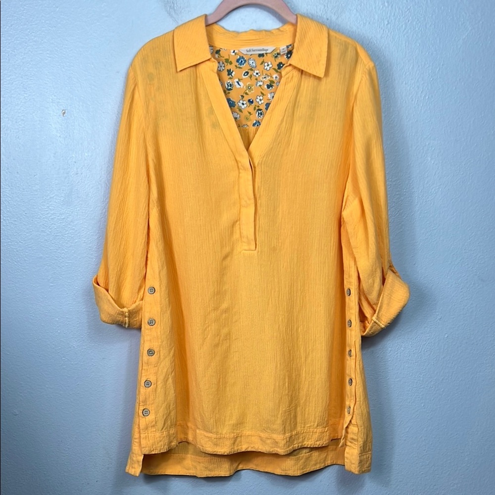 Soft Surroundings Golden Yellow V-Neck Tab Sleeve Button Side Tunic Top Medium